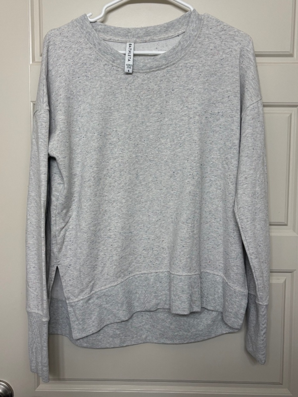 Athleta Balance Crew Neck Sweatshirt in grey with multi-color speckles